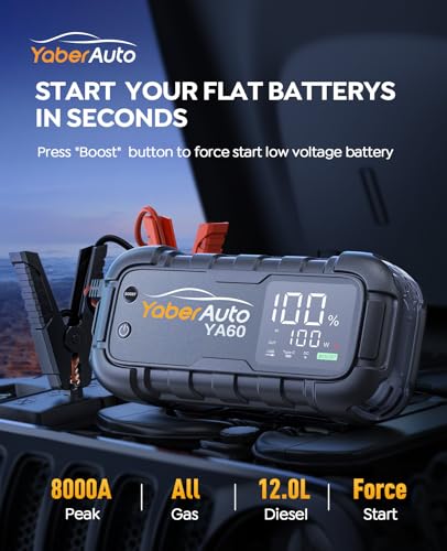 YaberAuto Jump Starter 8000A 65W Fast Charging (All Gas/12.0L Diesel) Portable Car Battery Jump Starter Pack, Jump Box Car Battery Jumper Starter Portable Jumper Cables, 150W DC, 600LM Lights