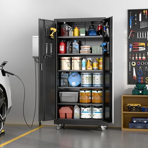 Aobabo Upgraded Garage Storage Cabinets with Wheels,Metal Storage Cabinets with 5 Adjustable Shelves for Garage Home Office Storage, Black,71''H*34''W*18''D,Assembly Required