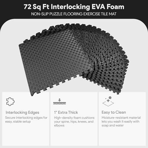 BalanceFrom 24x24 Inch Puzzle Exercise Mat, EVA Interlocking Foam Gym Floor Tiles, Black - Non-Slip Flooring for Home Workout, Fitness Studio, or Playroom, 1' Thick, 72 Sq Ft, 18 Pcs