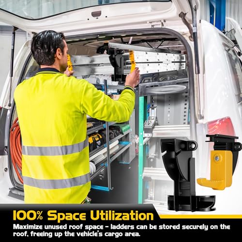Van Interior Ladder Storage System Utilizes Overhead and Interior Sidewall Space,Alloy Steel Material, Includes System and Mounting Kit; Ladder Rack for Van, Trailers,or Truck Caps