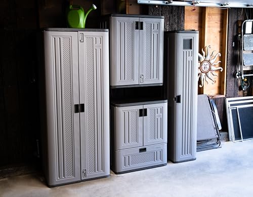 Suncast Base Storage Cabinet with Drawer for Garage Organization - Lockable Single-Drawer Organizer with Shelf for Garden Supplies, Paint Cans & Outdoor Tools, Multi-Wall Resin Construction, Platinum