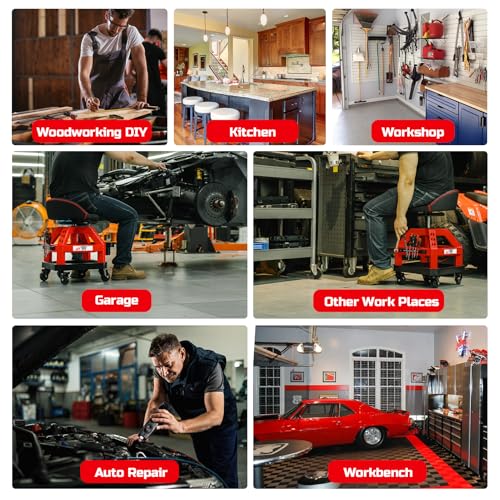 FreekyFit Rolling Shop Stool for Garage with Casters, DO02-Adjustable Height 360° Swivel Shop Seat with Tool Tray Storage, 330 LBS Capacity Padded Mechanic Stool, Magnetic Tool Hold, Heavy Duty, Red