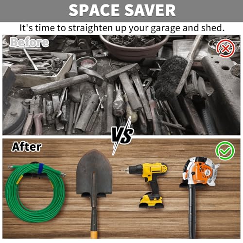 Upgraded Trimmer Rack Wall Mount - 8" Heavy Duty Weed Eater Hanger for Garage Wall, Garden Power Tool Holder Organizer Hooks for Grass Trimmer, Hedge Trimmer, Leaf Blower and Chainsaw, Black, 4 Pack