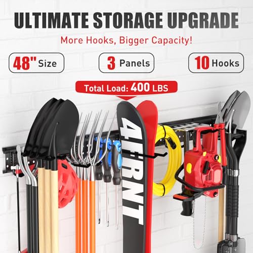 ZICANYCO Garage Tool Organizer Wall Mount 49.5 inches with 10 Adjustable Heavy-Duty Hooks, Garage Organization, Garden Tool Storage Rack, Yard, and Shed, Holds Up to 400 lbs