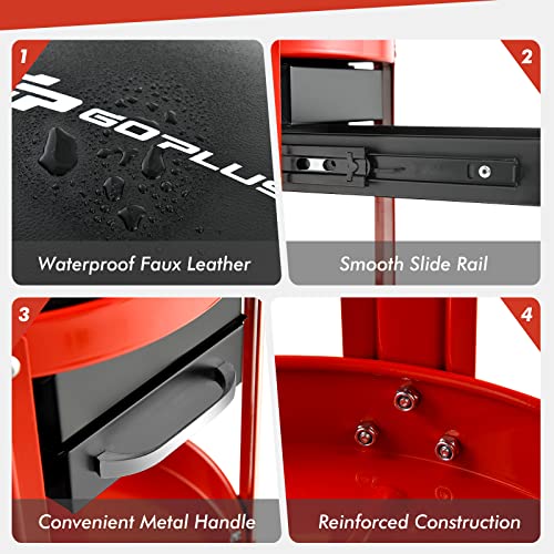 Goplus Rolling Mechanic Stool, Shop Stool Creeper Seat with Removable Padded Seat, 2 Drawers, Tool Tray, Twin Can Holder, Universal Wheels, Round Garage Workshop Chair, 330 Lbs Max Capacity (Red)