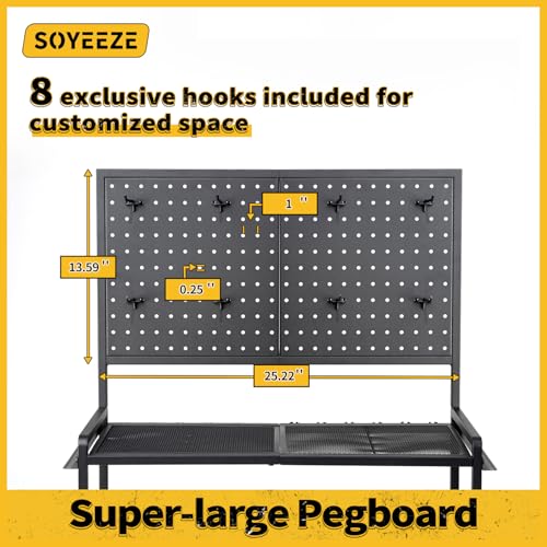 SOYEEZE Large Size Fishing Rod Holders for Garage, 3-Tier Fishing Pole Rack with Pegboard and Hooks, Fishing Gear Tackle Box Organizer Up to 12 Rods, Rolling Fishing Storage Cart with Lockable Wheels