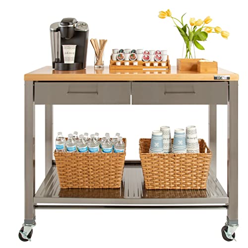 Seville Classics Commercial Work Table Island Utility Cart Prep Station, for Restaurant, Kitchen, Warehouse, Garage, Hotel, Home, Stainless-Steel, Solid Wood Top, 48" W x 24" D