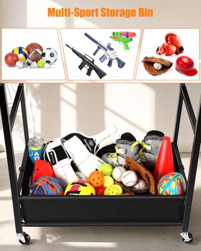 EXTCCT Ball Storage Sports Equipment Organizer - Garage Storage Cart Rolling Ball Storage Rack with Hooks Wheels Outdoor Indoor Gym Gear Toy Holder Bin for Basketball, Baseball, Soccer