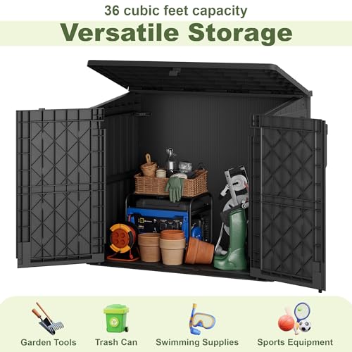 WTFGO 36 Cu Ft Resin Outdoor Storage Shed, Weatherproof Horizontal Outdoor Storage Cabinet with Dual Lock Door for Backyard, Patio, Garage, Garden(Black)