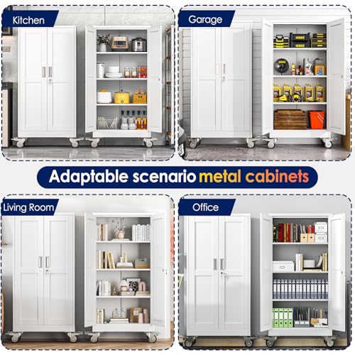 erosoei 61" H Metal Garage Storage Cabinet, Rolling Tool Cabinet with 2 Doors and Wheels, Locker Steel Cabinet with 3 Adjustable Shelves, Organization Cabinet for Garage,Office,Home,Gym,School（White）