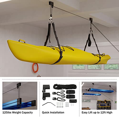 Kayak Storage Hoist - Overhead Pulley System with 125lb Capacity for Canoes, Bikes, Ladders, and More - for up to 12-Foot Ceilings by Rad Sportz