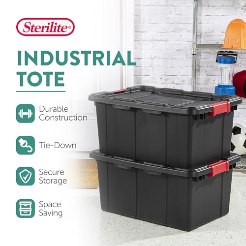 Sterilite 6-Pack Industrial Tote, Plastic Storage Bins with Lids, 15 Gallon, Black - Heavy-Duty Organizing Containers for Closet, Bathroom, and Office