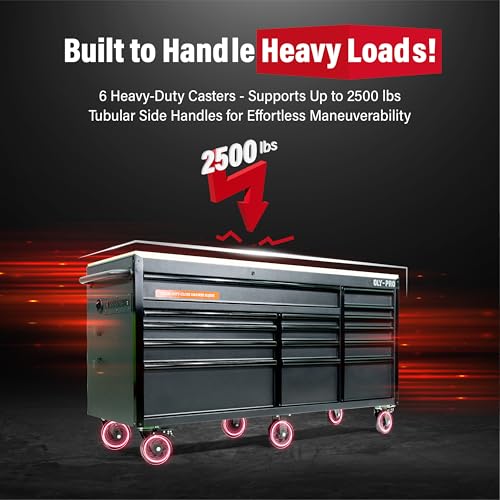 Olympia Tools 72 inch Heavy Duty Mobile Tool Chest Tool Box, with Solid Wood Top Workbench, 15-Drawer Rolling Tool Chest, Tool Storage Organizer for Garage, Workshop, and Home, Black