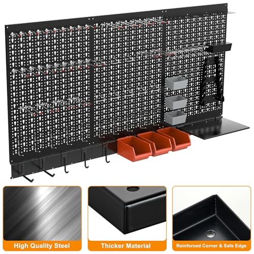 TORACK Metal Pegboard Wall Organizer System for Garage, 109 PCS Pegboard Accessories Tool Organizer Kit with Pegboard Bins, Hooks, Tool Storage Peg Board for Workbench(Black)