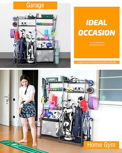 PLKOW Golf Storage Ball Rack Garage Organizer, 2 Golf Bag Organizer and Other Sports Equipment Organizer for Garage, Extra Large Size Sports Storage Rack for Garage