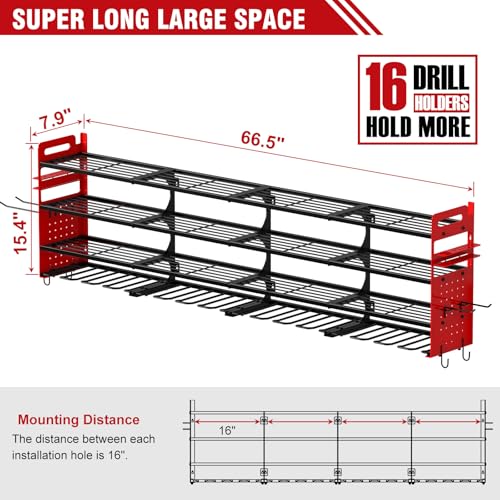 Neatolgrid Large Power Tools Organizer Wall Mount, 16 Drill Holder for Garage, Workshop Heavy Duty Storage Rack(Red)
