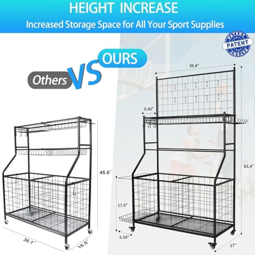 Rumizira Sports Equipment Organizer,Garage Ball Storage Rack with Basketball Rack with Hooks and Rolling Wheels Cart (BLACK)