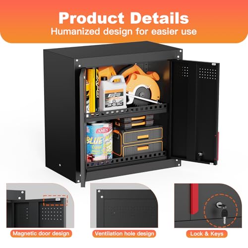 Kelueo 30" Metal Garage Wall Cabinet,Metal Wall Cabinets with Lock & Adjustable Shelf,Wall Mounted Garage Cabinet with Handle & Magnetic Door & Anti-Fall Rails for Repair Shop
