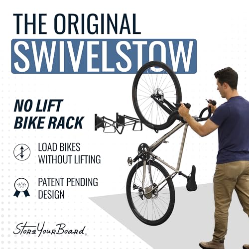 StoreYourBoard SwivelStow Bike Rack Garage Storage Rack 4 Pack - 4 Mountain Bike Bike Wall Mounts - Heavy Duty Bike Hanger - No-Lift Bike Rack Garage Storage Rack - Holds 70 lb Capacity