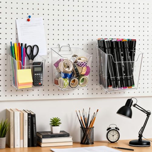 Coloch 6 Pack Clear Pegboard Cups with Hooks, Plastic Peg Board Bins Pegboard Organizer Accessories Wide Mouth Storage Box for Garage, Workbench, Craft Room, Office Organization, 3 Sizes
