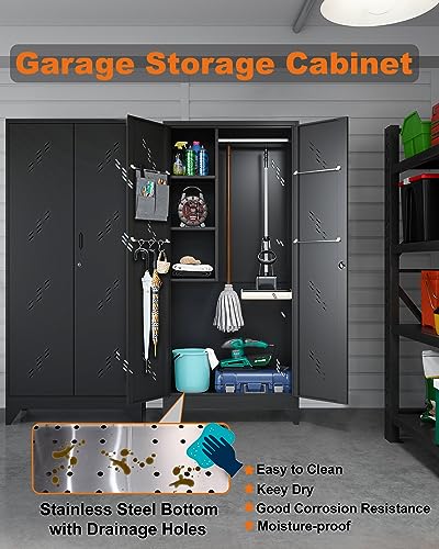 YILFANA 75" Metal Storage Cabinet with Lockable Doors, Functional Garage Storage Cabinets, Heavy-Duty Tool Organization Cabinet with Hanging Rod & S-Hooks (75" Utility Closet)