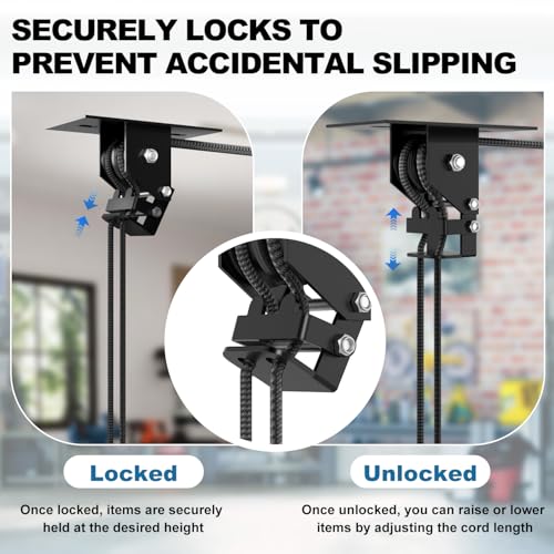 TooTaci Cargo Box Pulley System for Garage, Heavy Duty Ceiling Storage Lift with 3 Metal Pulley Hold Up to 150lbs, Garage Hoist System for Kayak, Roof Box, Ladders, Easy Lift, Fit 10-14 Foot Ceilings