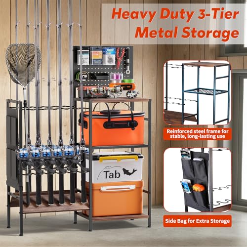 XOOL Fishing Rod Storage Rack for Garage, Holds up to 12 Rods, Heavy Duty Fishing Gear Organizer with Pegboard, 3-Tier Metal Stand with Shelves, Hooks & Accessory Storage