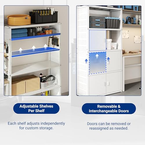 FLEXIMOUNTS Modular Garage Storage Cabinet System, All-in-One Garage Cabinet Set with Workbench & Pegboard, 6-Door with Open Shelf Access Heavy Duty Steel Tool Organization System, White, FLEXIMOD