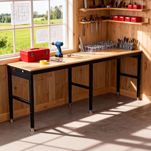 Betterhood 96" Adjustable Workbench, 5000 LBS Heavy Duty Work Table with Power Outlets & Pegboard, Rubber Wood Workstation for Garage, Workshop, Office, Home, Commercial