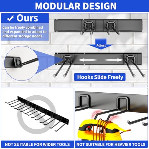 CRXCRC Garage Tool Organizer Wall Mount, 48 Inch Heavy Duty Garden Tool Organizer Storage System, Easy Install with 6 Adjustable Straight Hooks, for Garage, Basement, Shed, Workshop, Black, Steel