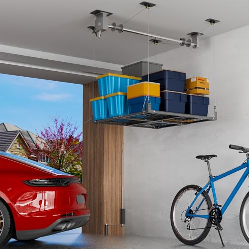 YOHKOH 4x4 Ft Overhead Garage Storage Rack with Lifting, 400lbs Garage Storage Lift for Ceiling, 59.1'' Axle Heavy-Duty Metal Garage Ceiling Rack, Black