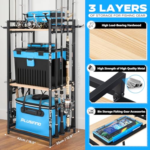 PLUSINNO 3 Tier Fishing Rod Holder, Fishing Pole Holders for Garage, Fishing Rod Rack Fishing Rod Storage Up to 8 Rods, Fishing Gear Tackle Box Fishing Equipment Organizers, Fishing Gifts for Men