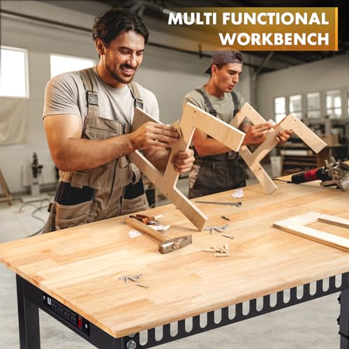 48" Height Adjustable Workbench, 2000 LBS Load Capacity Rubber Wood Top Workstation with Power Outlet and Foot Pads, Heavy-Duty Hardwood Worktable for Garage Workshop (with Foot Pads and Socket,48'')
