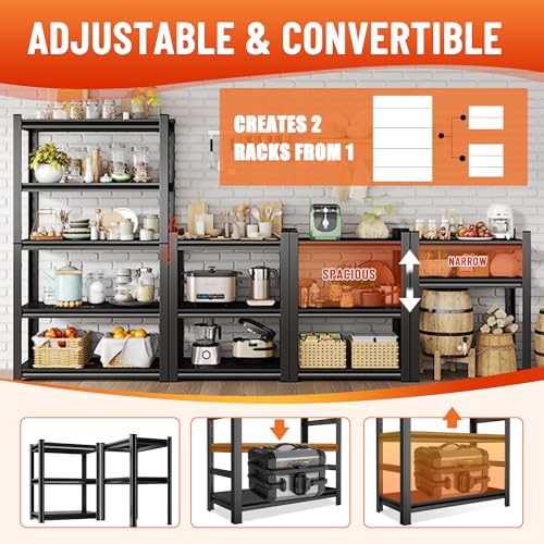 72''H × 40''W Garage Shelving, 5 Tier Heavy Duty Shelving, 2500 lbs Capacity Garage Storage Shelves, Industrial Shelves with Thickened Double-Layer Posts for Garage, Warehouse, Basement,Black