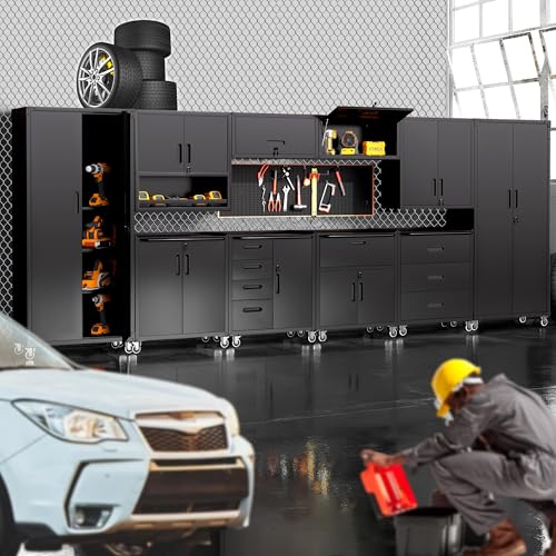 VIYET Metal Tool Cabinet,Garage Storage Cabinet System,Wall Cabinet & Locking Rolling Tool Cabinet with Doors and Adjustable Shelves,Steel Tool Cabinets for Home
