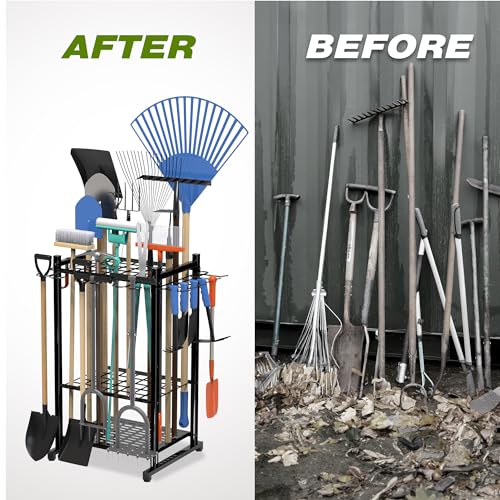 Sttoraboks Garden Tool Organizer Rack Up to 50 Tools, Heavy-Duty Steel Yard Tool Organizer for Garage Storage with 11 Hooks, Broom Holder & Garden Tool Rack for Shed, Patio, Outdoor Use, Black