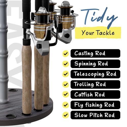 Rush Creek Creations 16-Rod Round Fishing Rod Holder for Garage, 360° Access Fishing Pole Holder for Fishing Rods, Reels, and Gear, Securely Holds 16 Rods, Barnwood