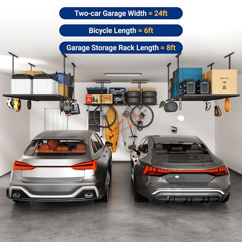FLEXIMOUNTS 4x8 Overhead Garage Storage Rack with 6 Hooks, Adjustable Storage Organization System, Heavy-Duty Metal Ceiling Racks, 22.6" -39.4" Ceiling Dropdown, Black, Lite Series