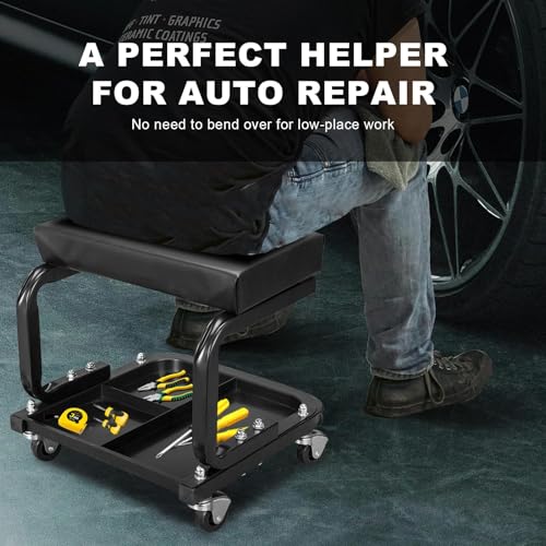 Big RED 250lb Black Rolling Automotive Creeper Garage/Shop Seat: Padded Mechanic Stool with Tool Large Tray Suitable for garages, Repair Shops,6300-black