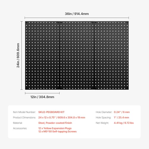 VEVOR Metal Pegboard Panels, 24" x 12" Pegboard, 3 Panels, Heavy Duty Steel Peg Board Wall Organizer, for Living Room Garage Tool Storage Workbench Office Organization Craft Room Kitchen Home, Black