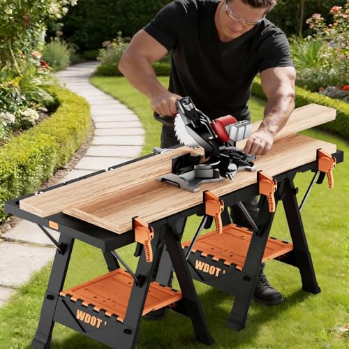 WDOT 2-in-1 Folding Work Bench & Sawhorse, Easy Setup Portable Work Table, 31" W x 25" D x 32" H, Laser-Engraved Scale,Lightweight Worktable with Large Load Capacity, 2 Clamps & 6 Bench Dogs