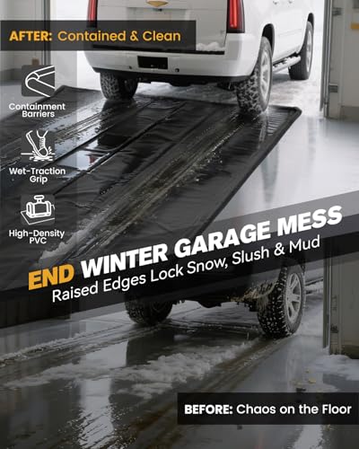 SMOQIO Garage Floor Mat, Containment Mats for Under Car with Raised Edge Waterproof, Non-Slip Heavy-Duty 1000D PVC for Floor Against Snow, Rain & Mud