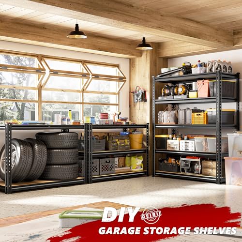 REIBII 2400LBS Storage Shelves 5 Tier Garage Shelving Heavy Duty Adjustable Garage Shelves, Utility Rack Shelf, Shelving Units for Storage Warehouse Pantry Closet, 35.5" W x 11.9" D x 72" H, Black