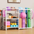 FAMIDGE Sports Equipment Organizer, Ball Storage Rack with Elastic Straps, Garage Sports Organizer Storage Cart with Hooks, Basketball Rack for for golf, Football, Soccer Ball, Bat, White