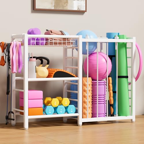 FAMIDGE Sports Equipment Organizer, Ball Storage Rack with Elastic Straps, Garage Sports Organizer Storage Cart with Hooks, Basketball Rack for for golf, Football, Soccer Ball, Bat, White