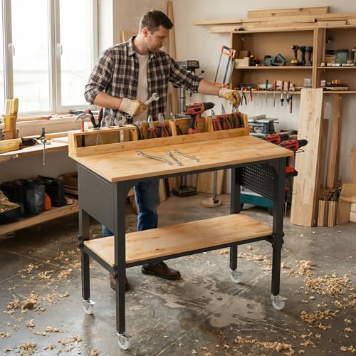 Northsky Heavy-Duty 48" Adjustable Height Workbench - 2200 LBS Capacity with Storage & Pegboard, Built-in Power Outlet, Lockable Wheels for Garage, Workshop, & Home Use