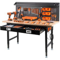 60" Adjustable Work Bench with Drawers, Workbench for Garage with Strip Light, Work Table with Large Pegboard, 2000 LBS Heavy Duty Table with Power Outlet Rubber Wood for Office, Workshop