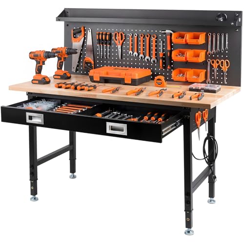60" Adjustable Work Bench with Drawers, Workbench for Garage with Strip Light, Work Table with Large Pegboard, 2000 LBS Heavy Duty Table with Power Outlet Rubber Wood for Office, Workshop