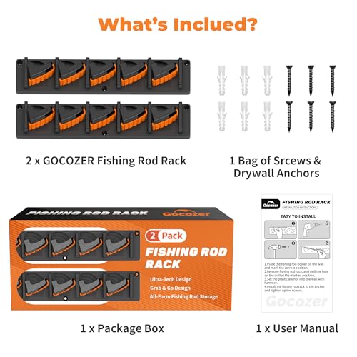 Fishing Rod Holder for Garage Wall, Vertical Fishing Pole Rack with TPE Soft Pads Each Holds Up to 5 Rods 0.1"-0.75" – Wall Mounted Fishing Rod Storage Organizer,Gifts for Men – 2 PACK (Holds 10 Rods)