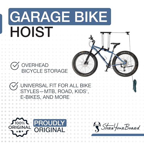StoreYourBoard Bike Hoist, No-Slip Bicycle Ceiling Storage, Heavy-Duty Garage Pulley Lift System, Road, MTB, Fat Tire, Ebike Hanger
